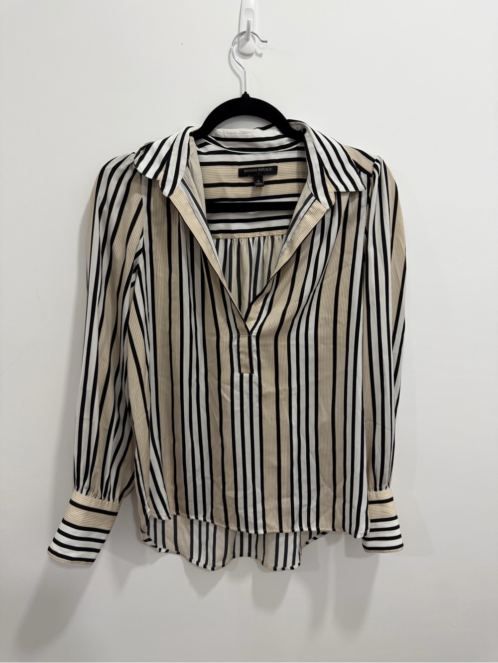 Banana Republic Black, White and Beige Striped Blouse